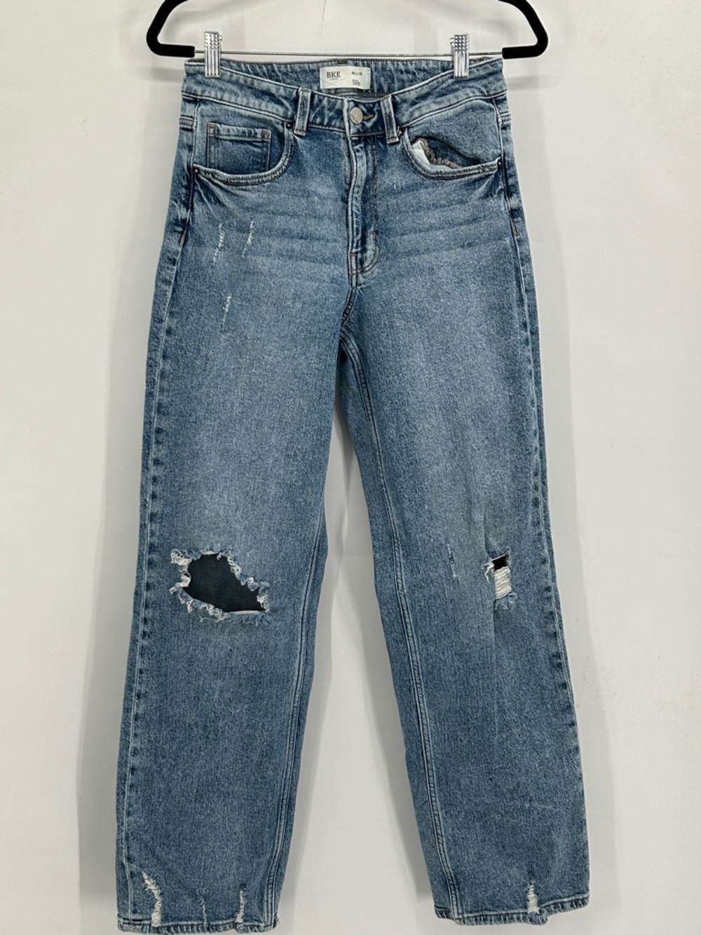 BKE High-Rise Distressed Straight Jeans - Light Blue